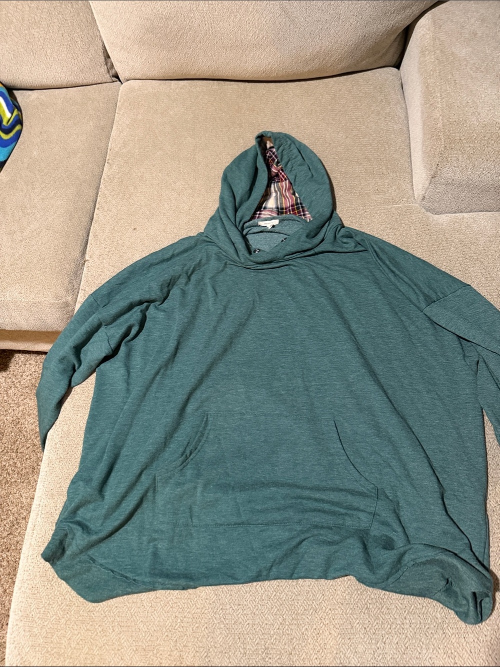 Maurices Teal Green Hooded Pullover with Plaid Hood Lining